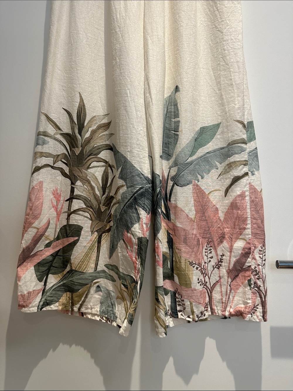 Tropical Print Wide-Leg Lounge Pants - Cream with Green & Pink (M-L) - Picture 7 of 10